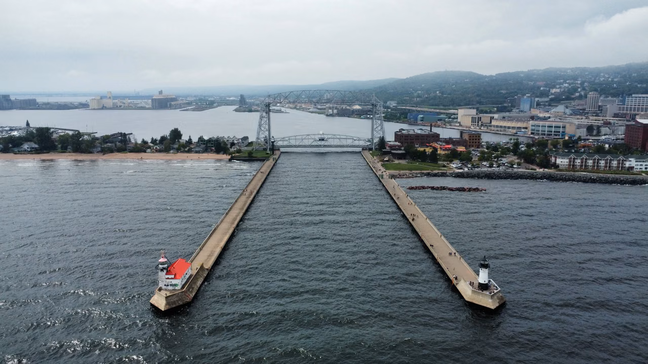 Duluth's Aerial Lift Bridge and harbor · August 2024 aerial view
