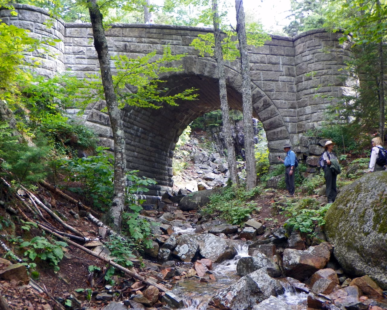 Acadia carriage-road stone bridge · A road following the wooded terrain