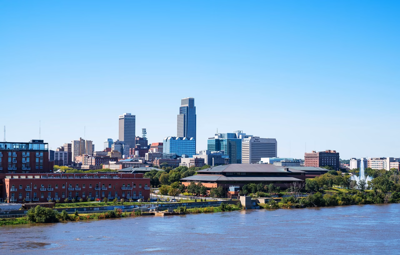 Looking from Iowa side towards Omaha · Missouri River and the downtown area.
