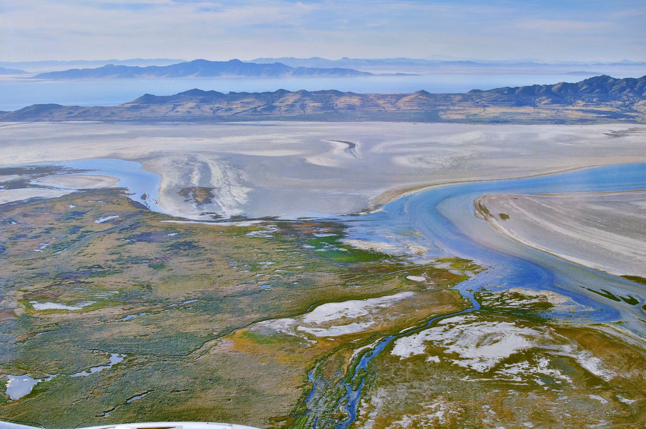 Farmington Bay, Antelope Island, and Great Salt Lake · An aerial view