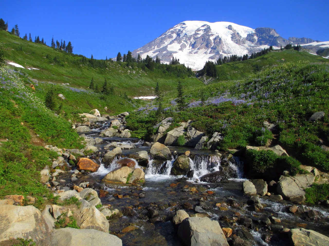 Mount Rainier · Snow-covered peaks above Myrtle Falls
