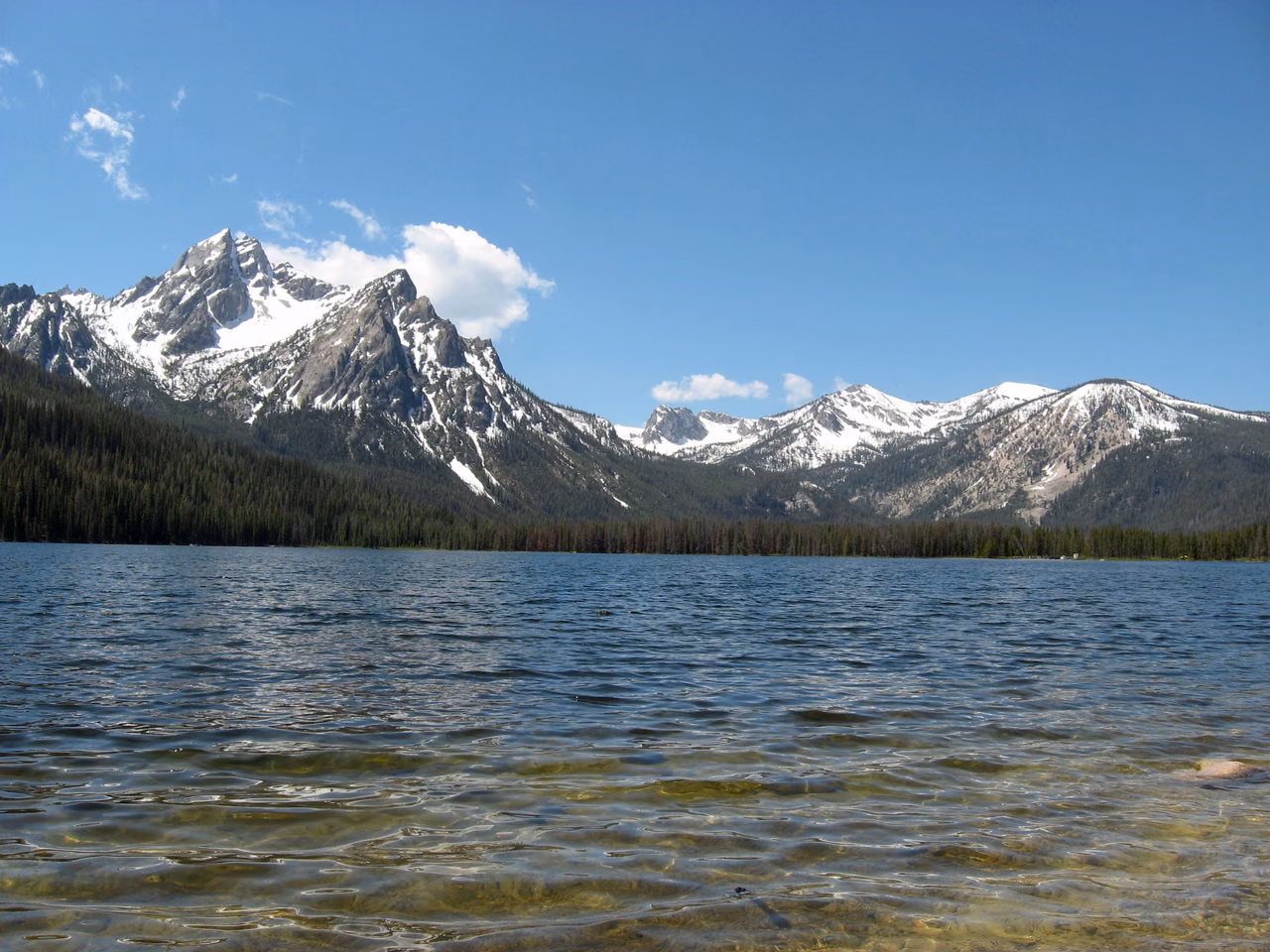Stanley Lake · Water and snow peaks in the Sawtooth Mountains