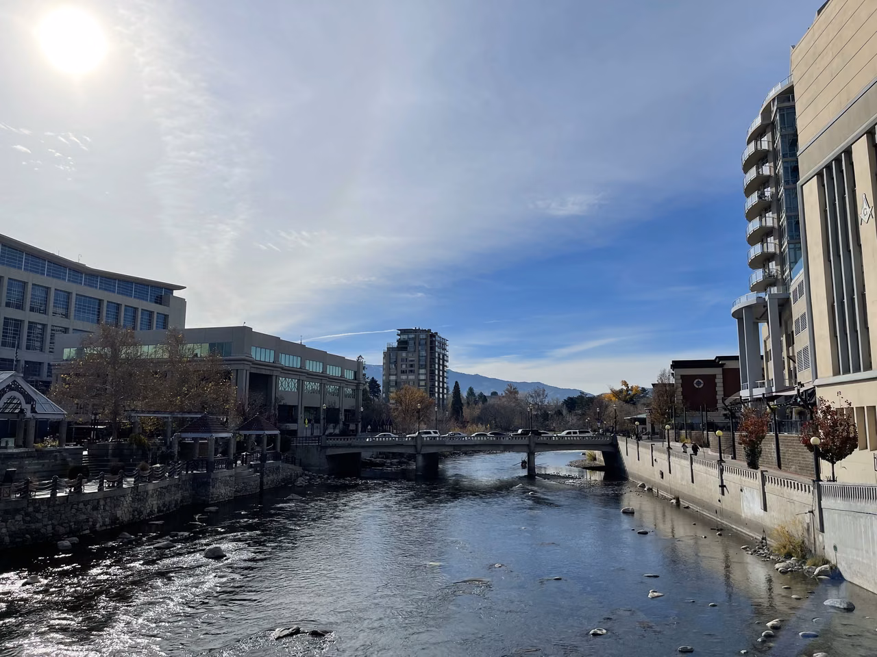 The center of Reno features the Truckee River – photographed in 2021.