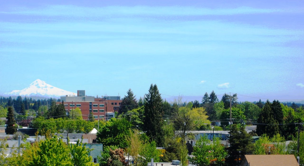 Downtown Hillsboro with Mount Hood in the distance